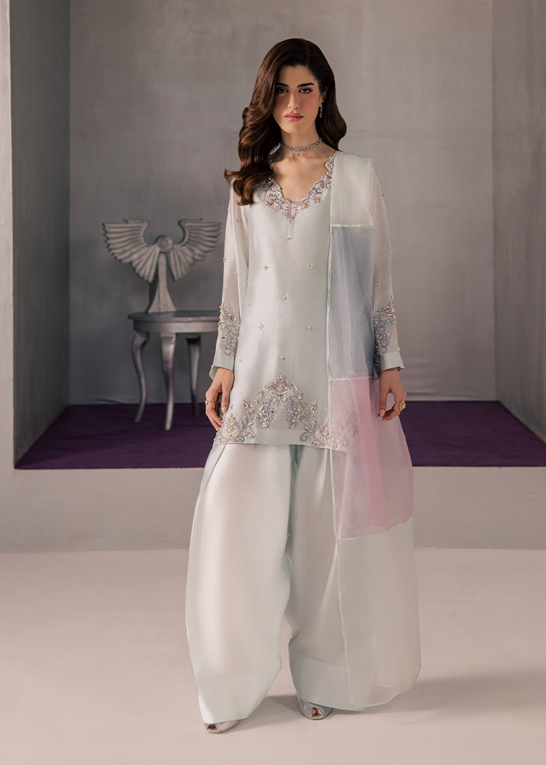 Allure By Ih - Core Tussel Silk Suit For Women - Powder Blue - 3 Piece