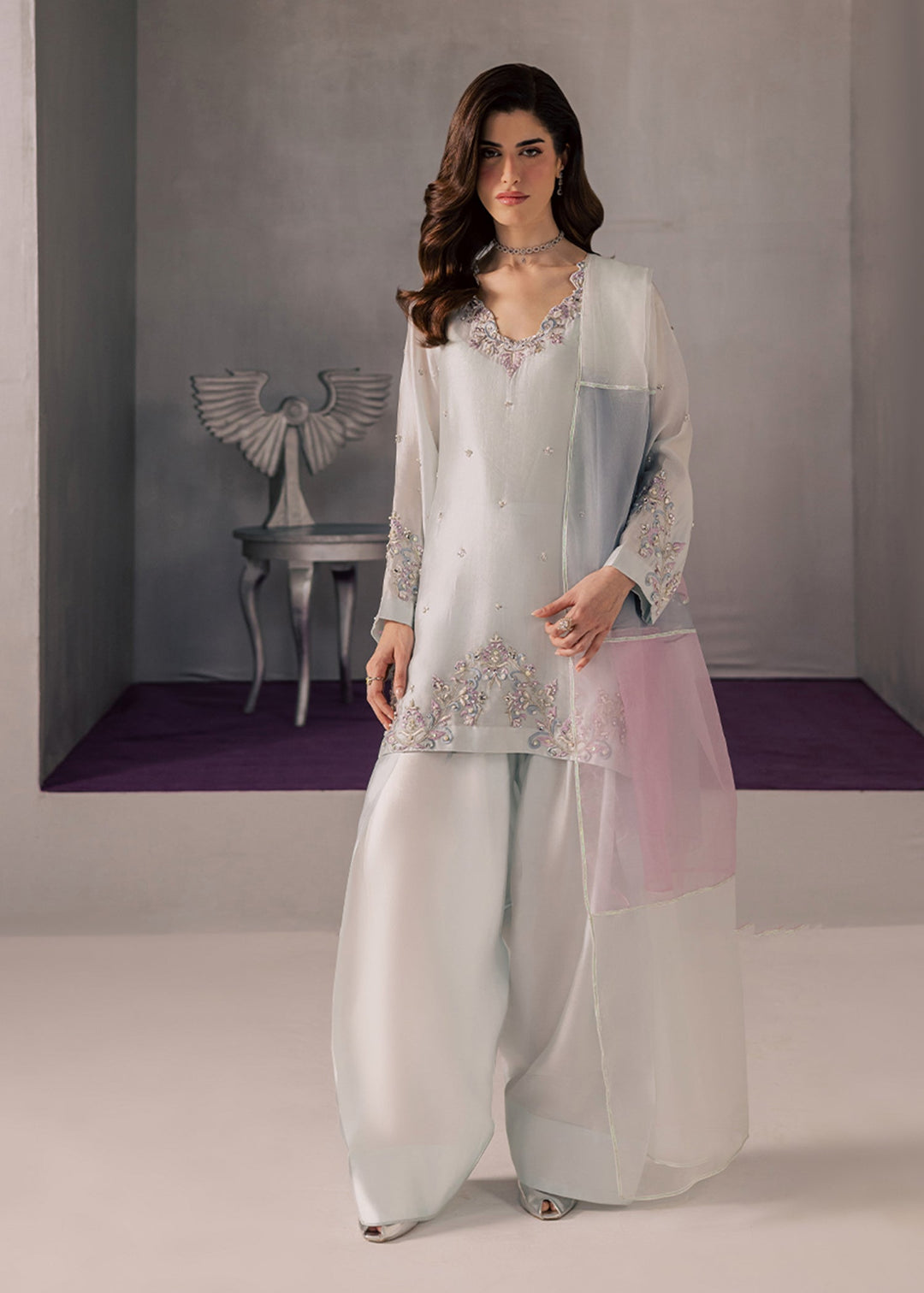 Allure By Ih - Core Tussel Silk Suit For Women - Powder Blue - 3 Piece