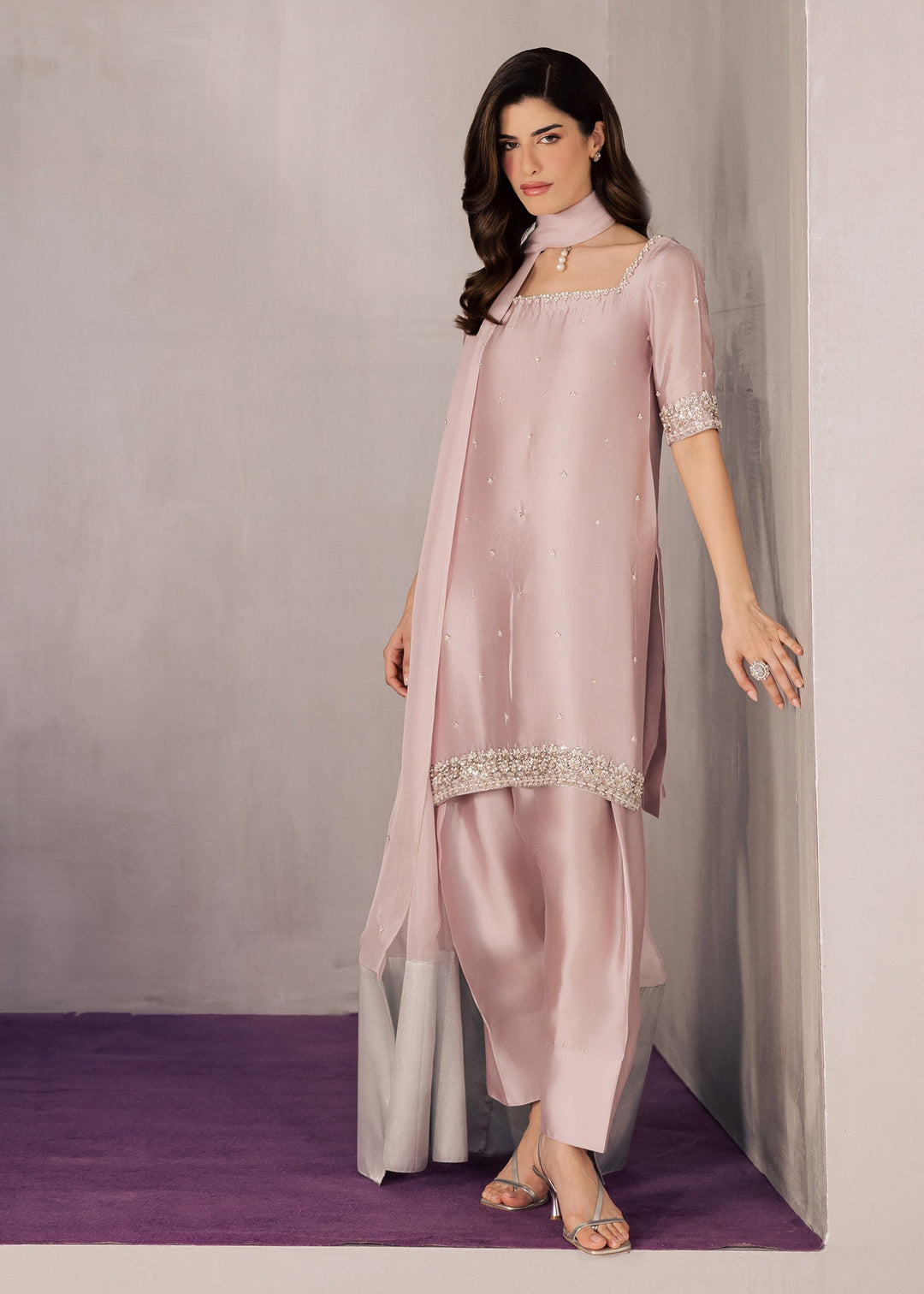 Allure By Ih - Curve Tussel Silk Suit For Women - Powder Pink - 3 Piece