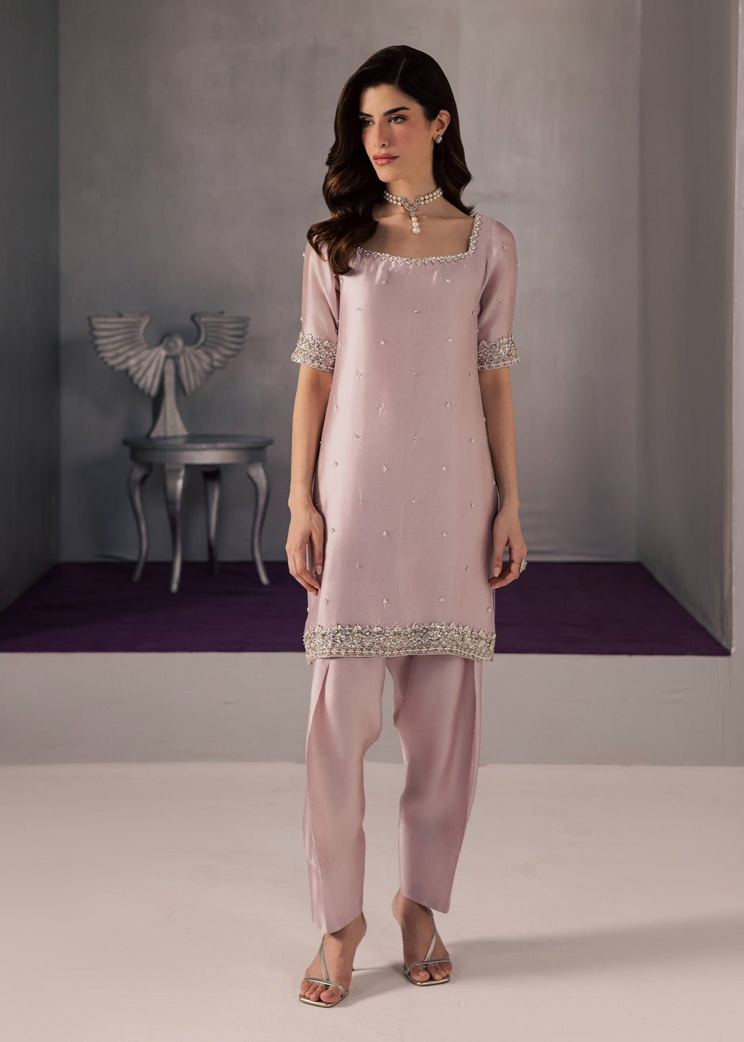 Allure By Ih - Curve Tussel Silk Suit For Women - Powder Pink - 3 Piece