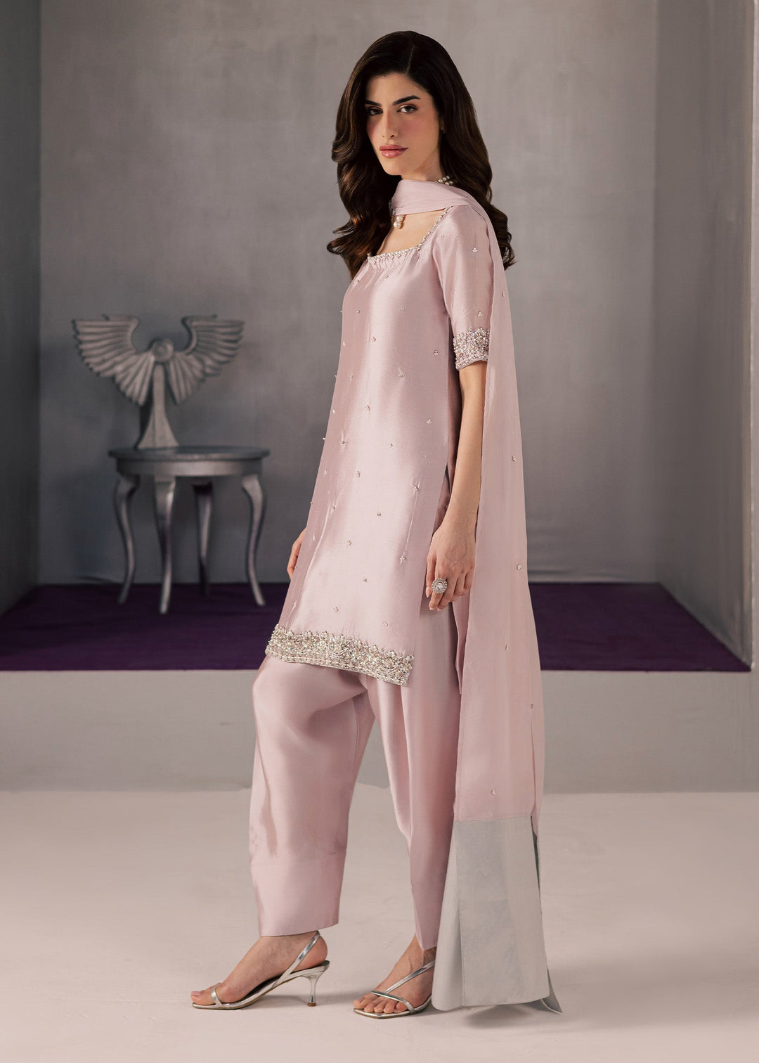 Allure By Ih - Curve Tussel Silk Suit For Women - Powder Pink - 3 Piece