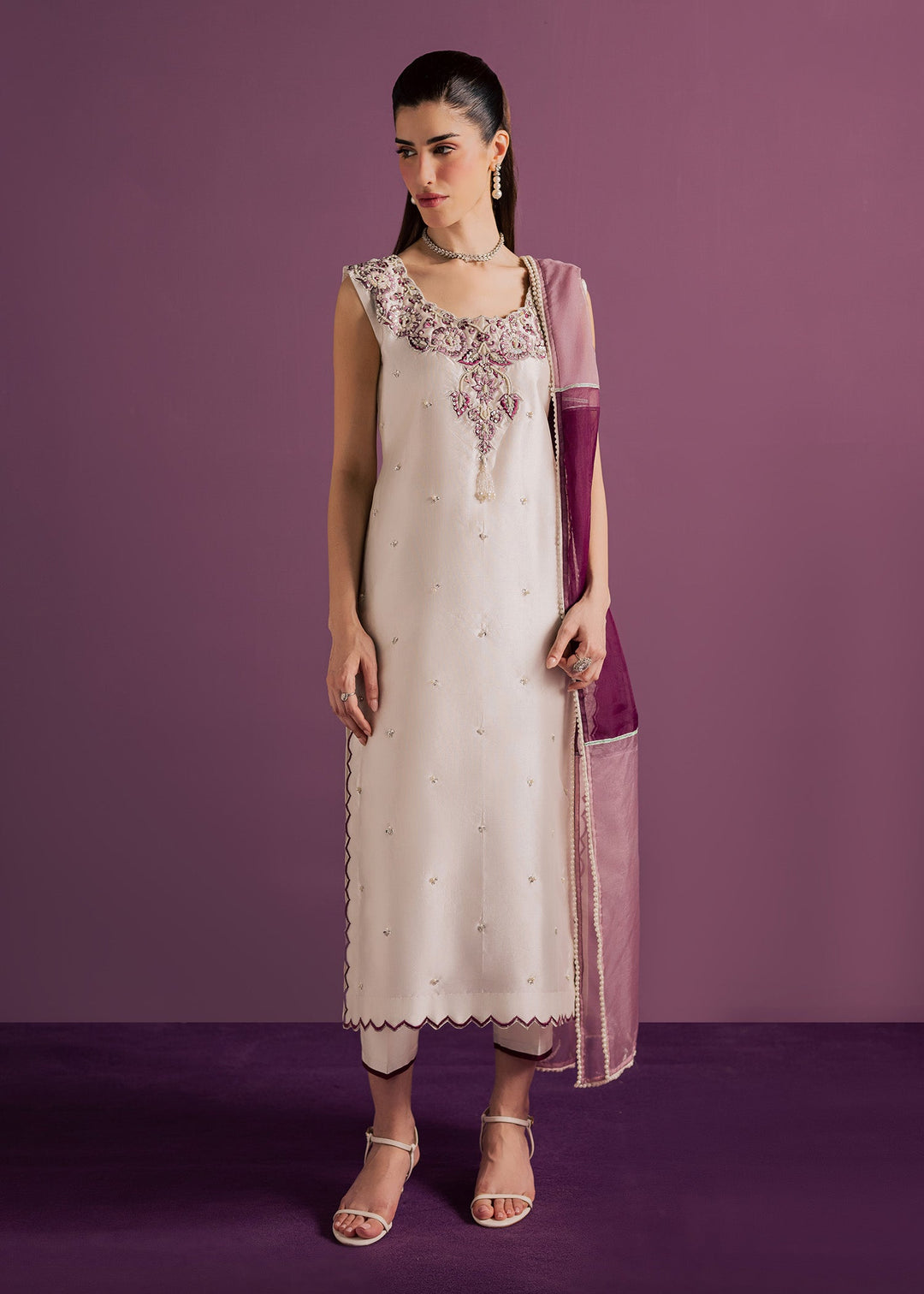 Allure By Ih - Echo Tussel Silk Suit For Women - White - 3 Piece