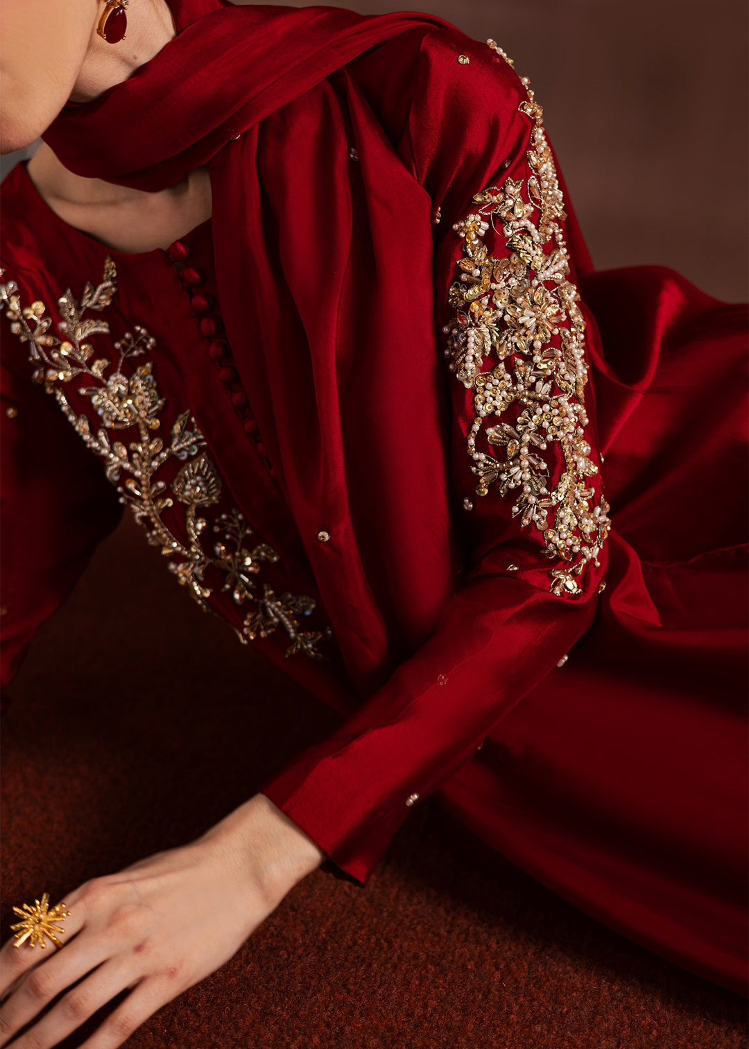 Allure By Ih - Endless Tussel Silk Suit For Women - Red - 3 Piece