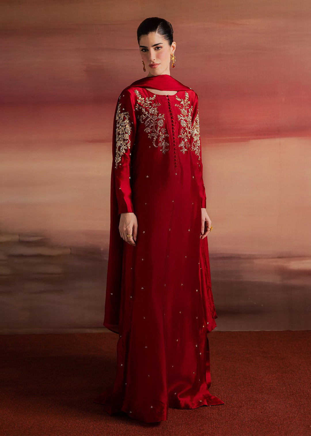 Allure By Ih - Endless Tussel Silk Suit For Women - Red - 3 Piece