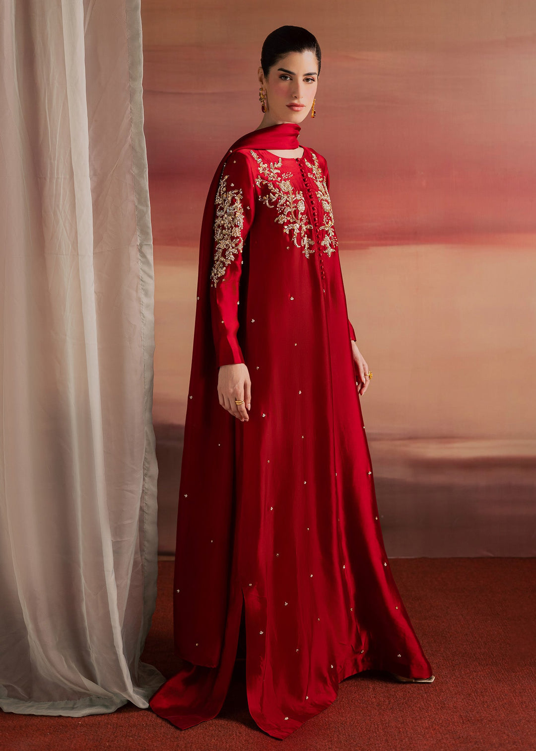 Allure By Ih - Endless Tussel Silk Suit For Women - Red - 3 Piece