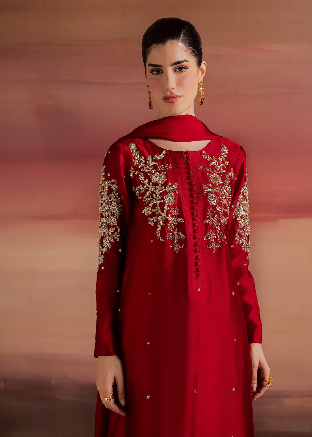 Allure By Ih - Endless Tussel Silk Suit For Women - Red - 3 Piece