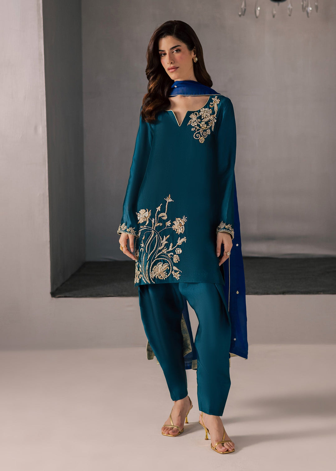 Allure By Ih - Flow Tussel Silk Suit For Women - Teal - 3 Piece
