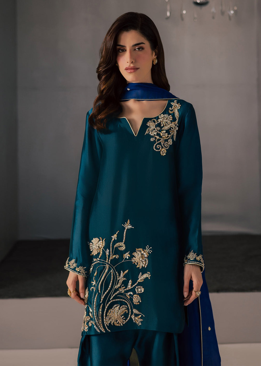 Allure By Ih - Flow Tussel Silk Suit For Women - Teal - 3 Piece