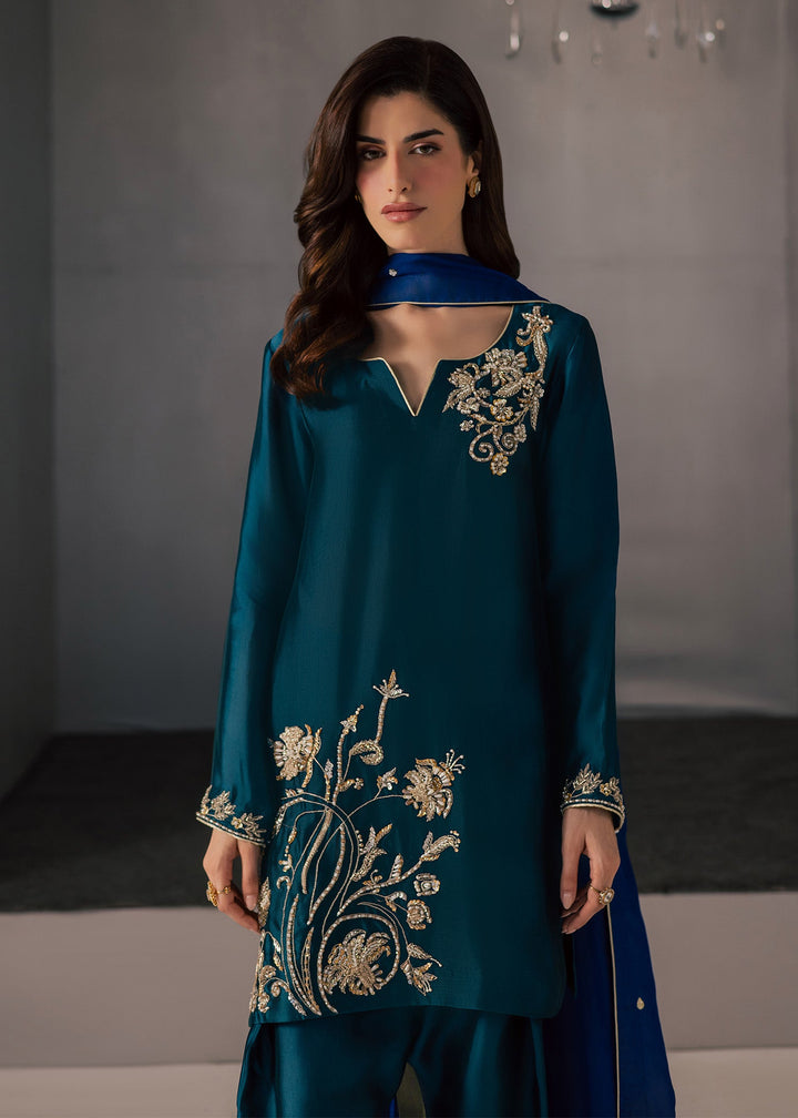 Allure By Ih - Flow Tussel Silk Suit For Women - Teal - 3 Piece