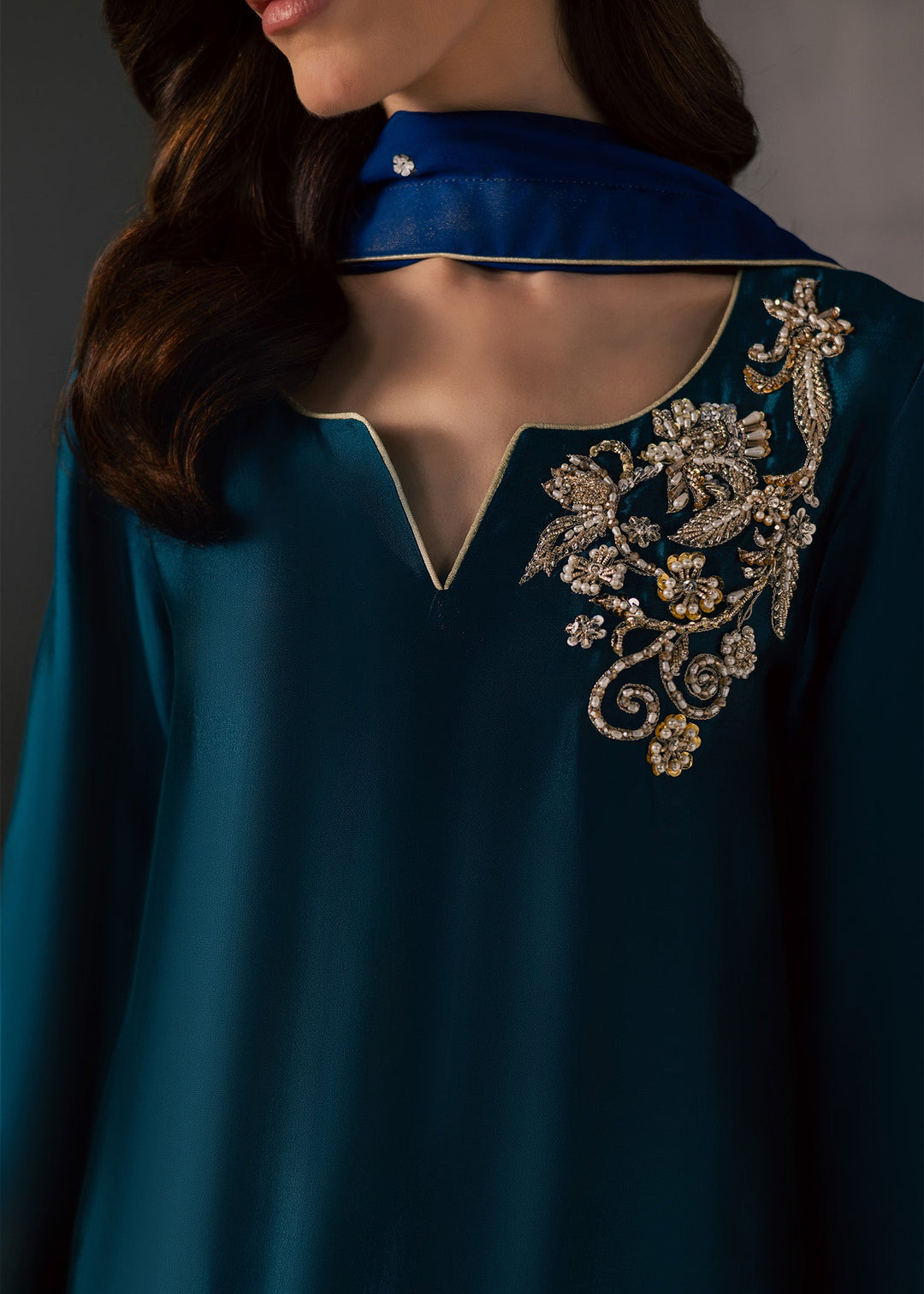 Allure By Ih - Flow Tussel Silk Suit For Women - Teal - 3 Piece