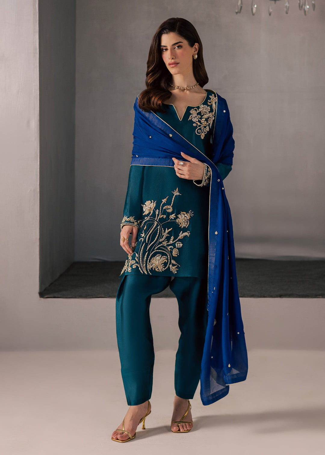 Allure By Ih - Flow Tussel Silk Suit For Women - Teal - 3 Piece