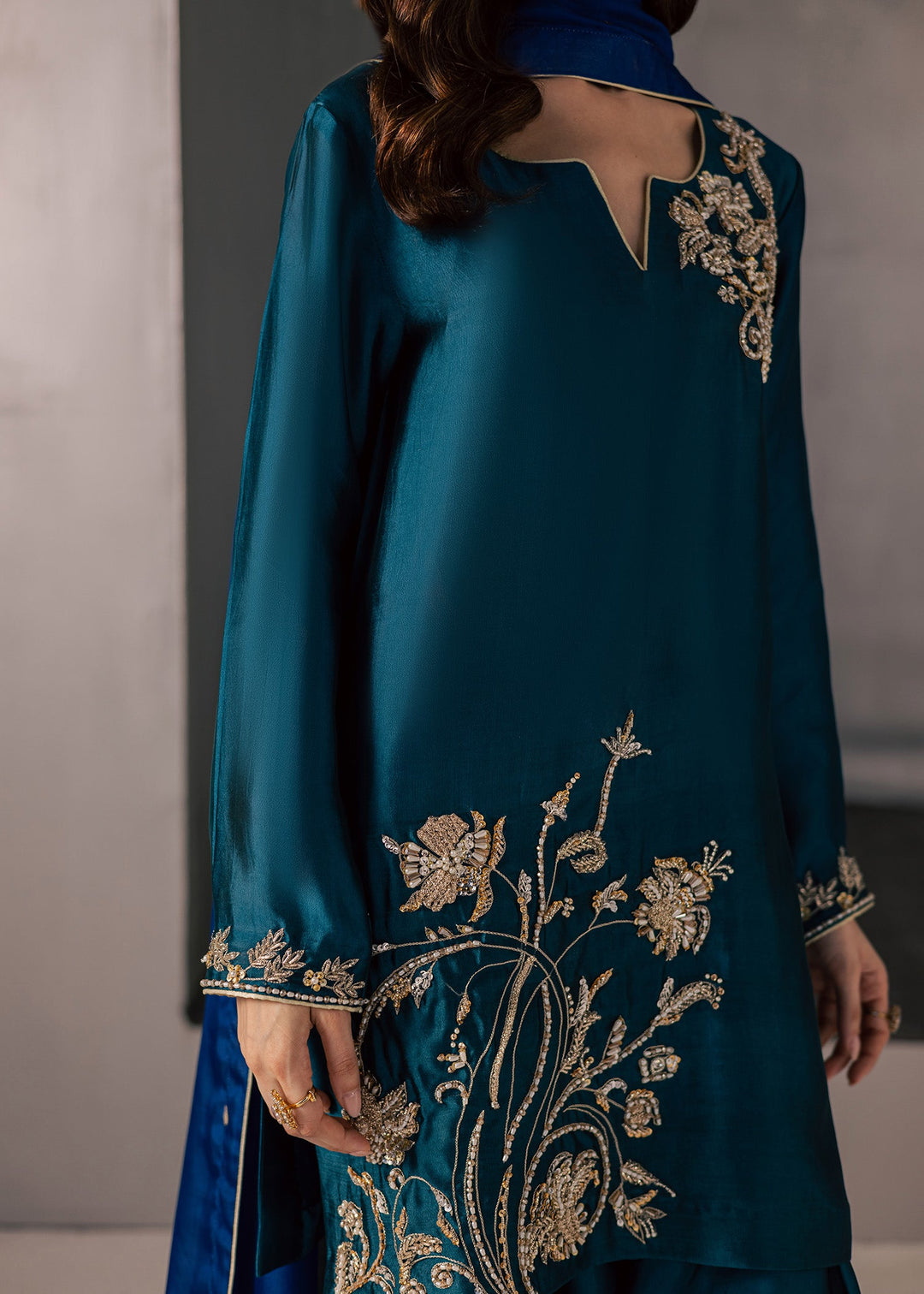 Allure By Ih - Flow Tussel Silk Suit For Women - Teal - 3 Piece
