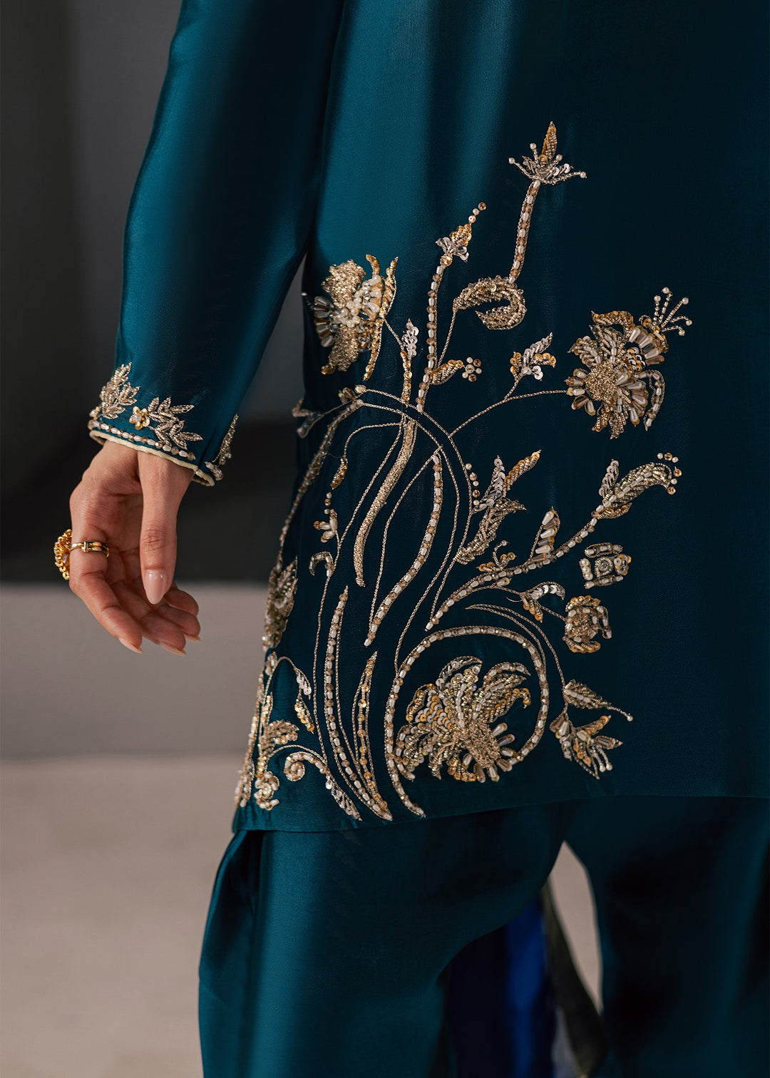 Allure By Ih - Flow Tussel Silk Suit For Women - Teal - 3 Piece