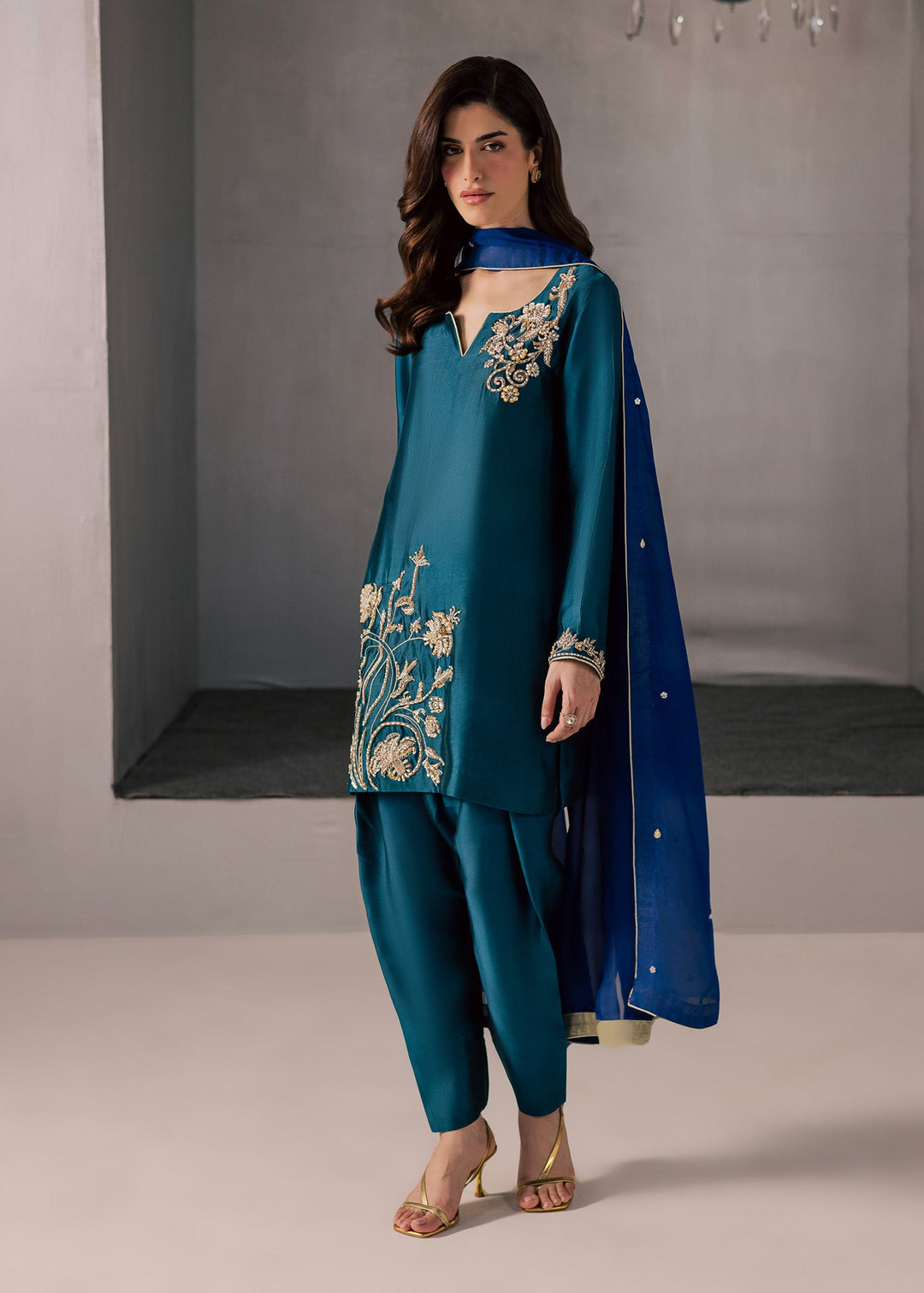 Allure By Ih - Flow Tussel Silk Suit For Women - Teal - 3 Piece