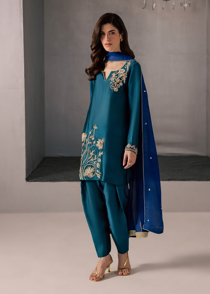 Allure By Ih - Flow Tussel Silk Suit For Women - Teal - 3 Piece