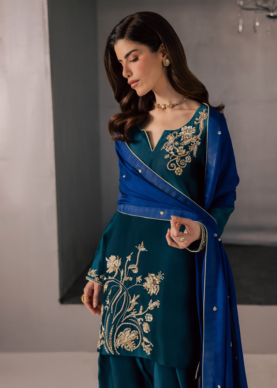 Allure By Ih - Flow Tussel Silk Suit For Women - Teal - 3 Piece