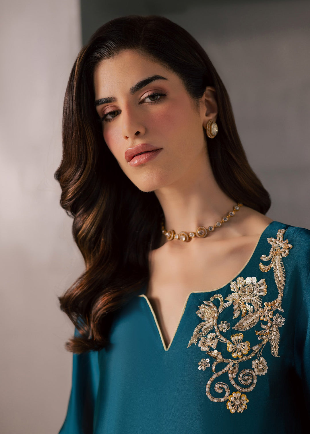 Allure By Ih - Flow Tussel Silk Suit For Women - Teal - 3 Piece