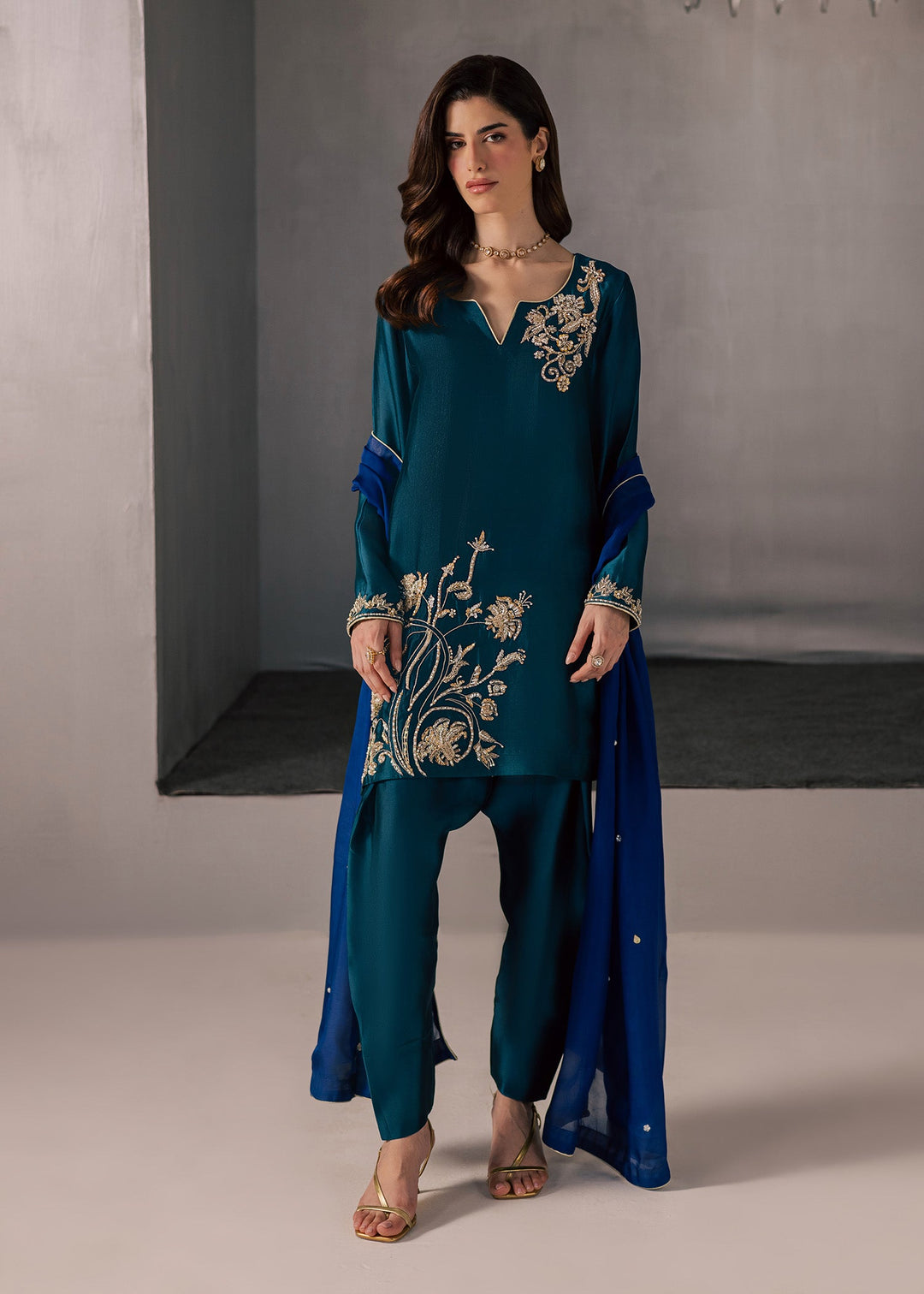 Allure By Ih - Flow Tussel Silk Suit For Women - Teal - 3 Piece