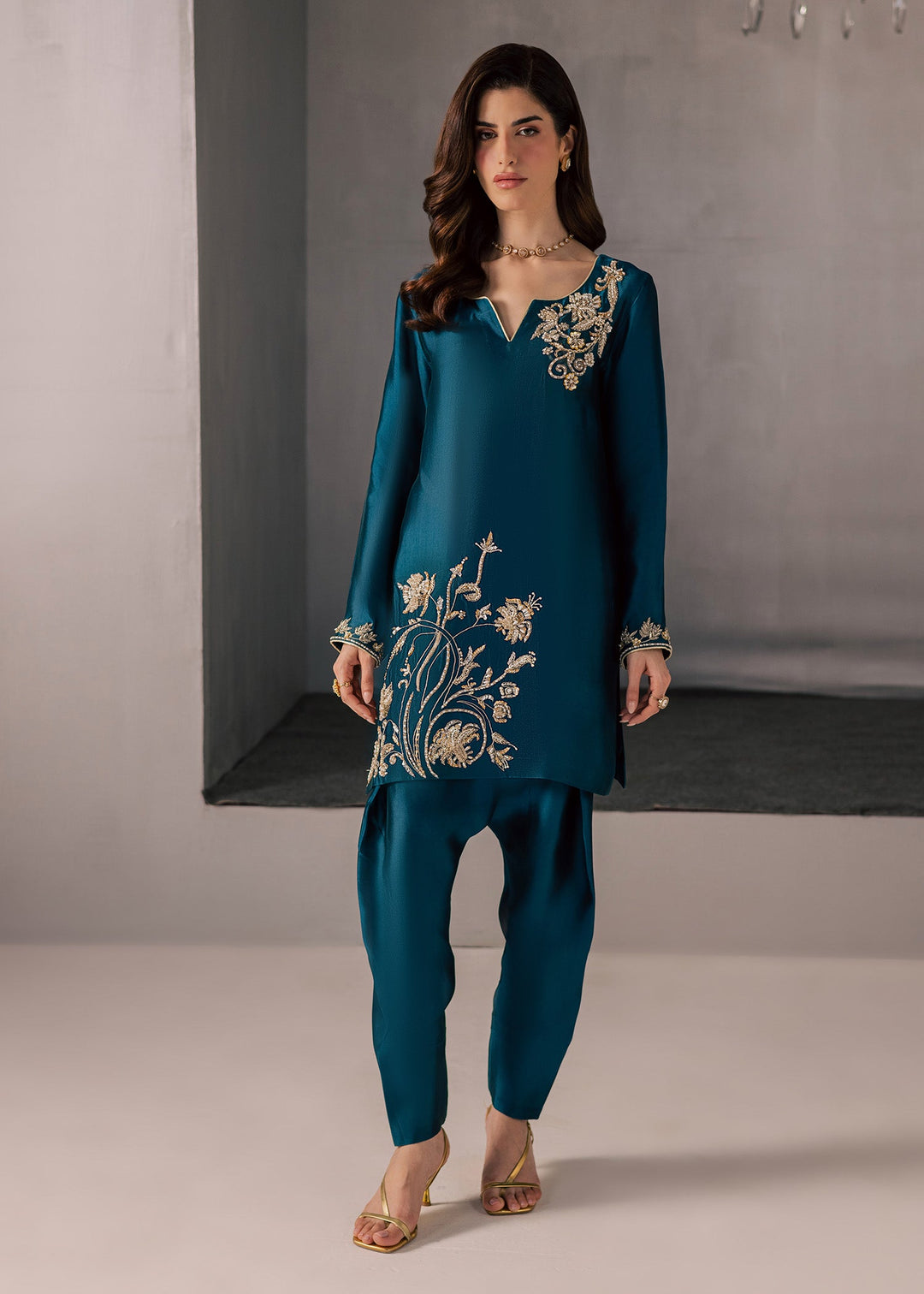 Allure By Ih - Flow Tussel Silk Suit For Women - Teal - 3 Piece