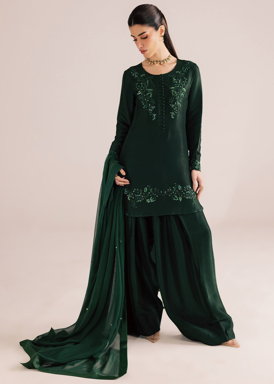 Allure By Ih - Forest Tussel Silk Suit For Women - Forest Green - 3 Piece