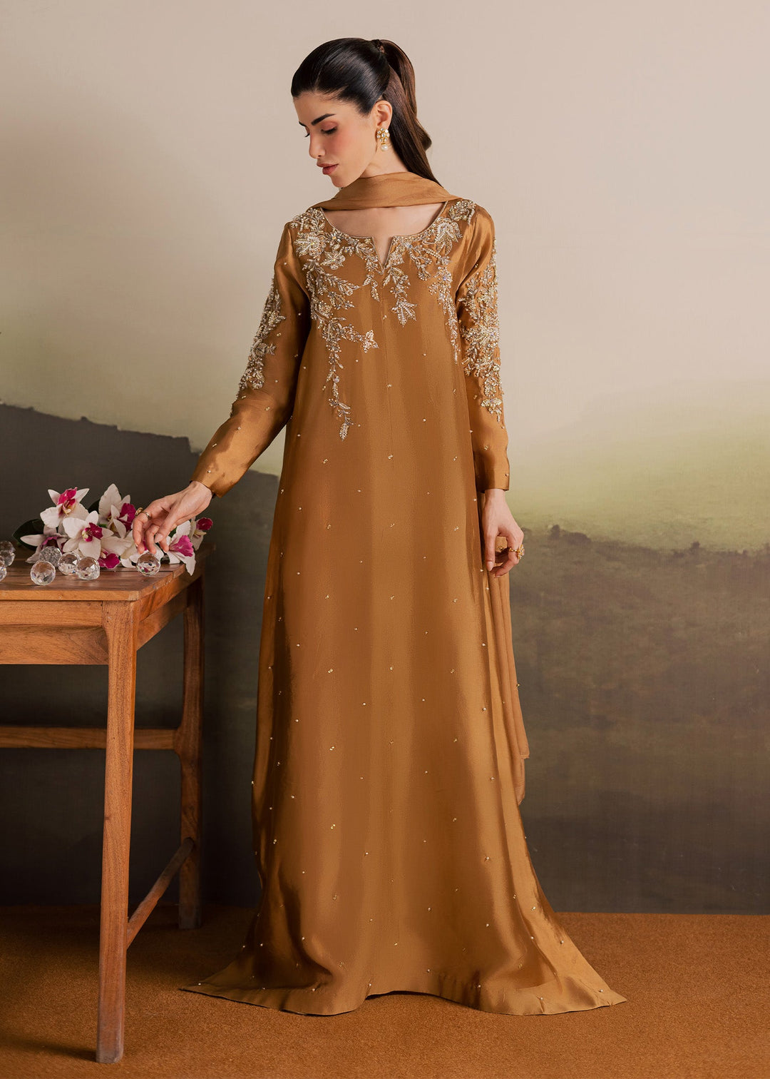 Allure By Ih - Gentle Tussel Silk Suit For Women - Caramel - 3 Piece