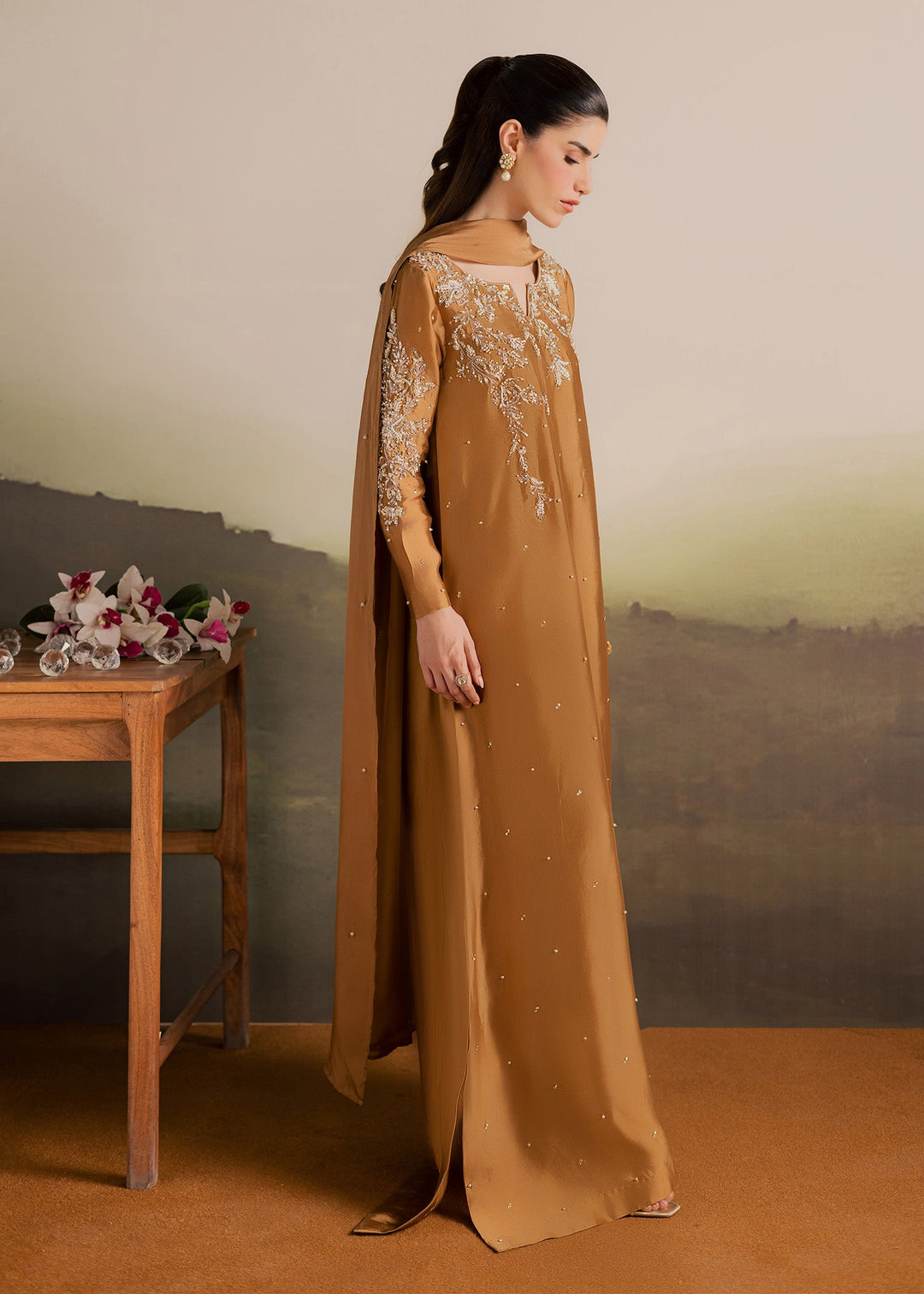 Allure By Ih - Gentle Tussel Silk Suit For Women - Caramel - 3 Piece