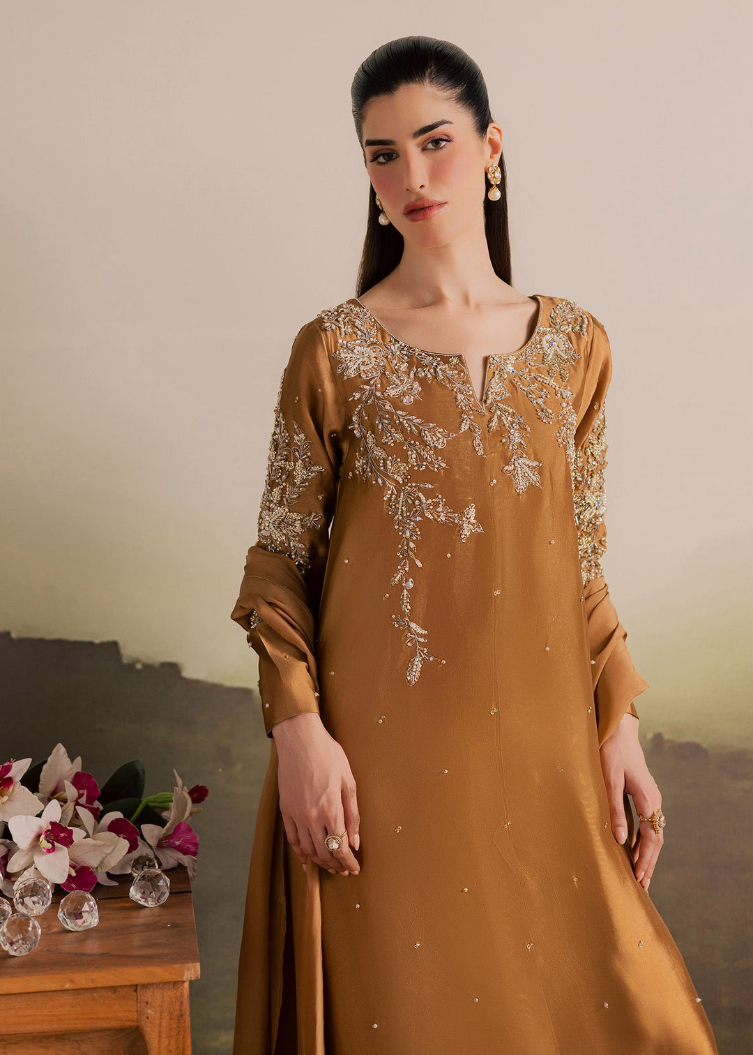 Allure By Ih - Gentle Tussel Silk Suit For Women - Caramel - 3 Piece