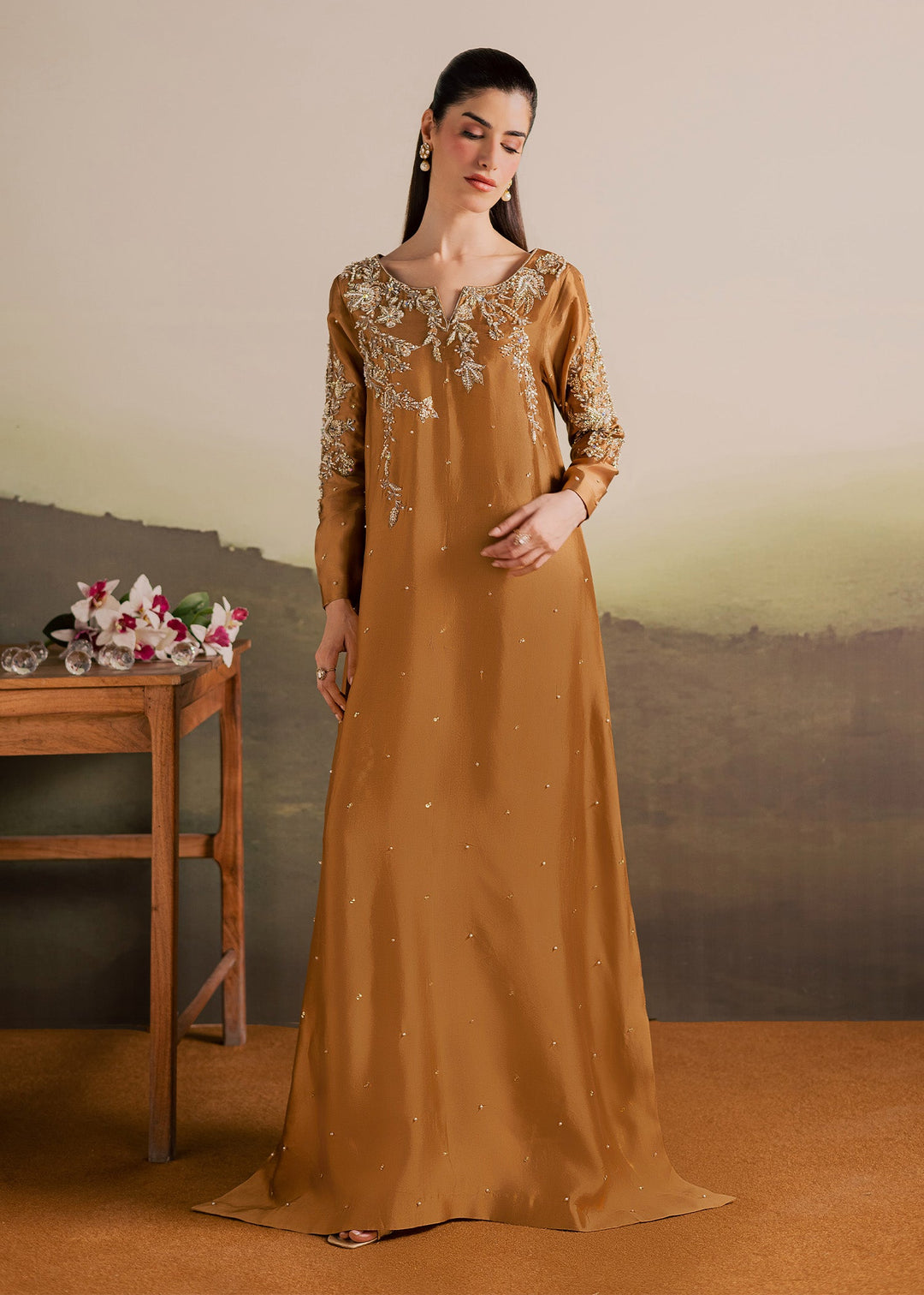 Allure By Ih - Gentle Tussel Silk Suit For Women - Caramel - 3 Piece