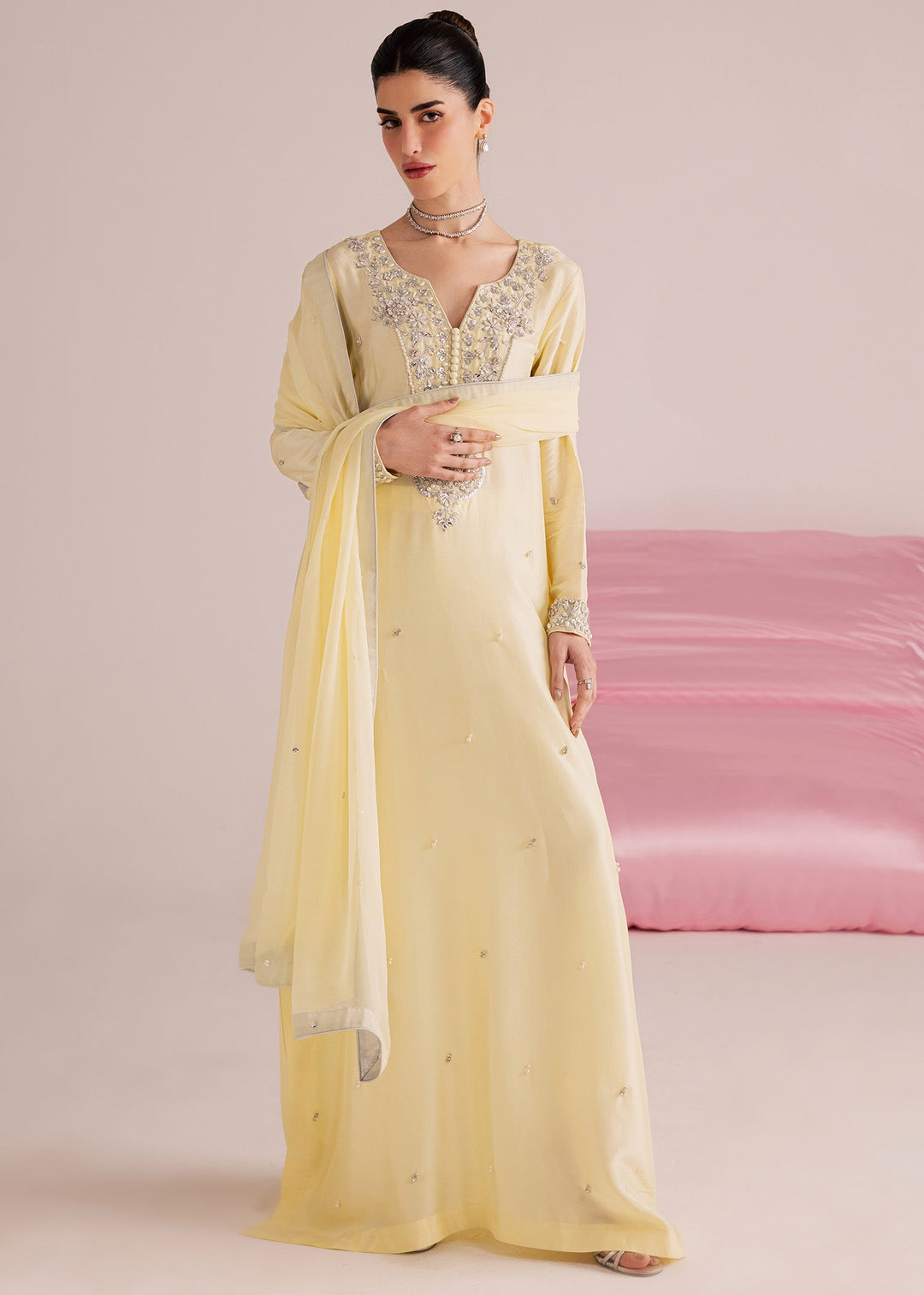 Allure By Ih - Lemonade Tussel Silk Suit For Women - Butter Yellow - 3 Piece