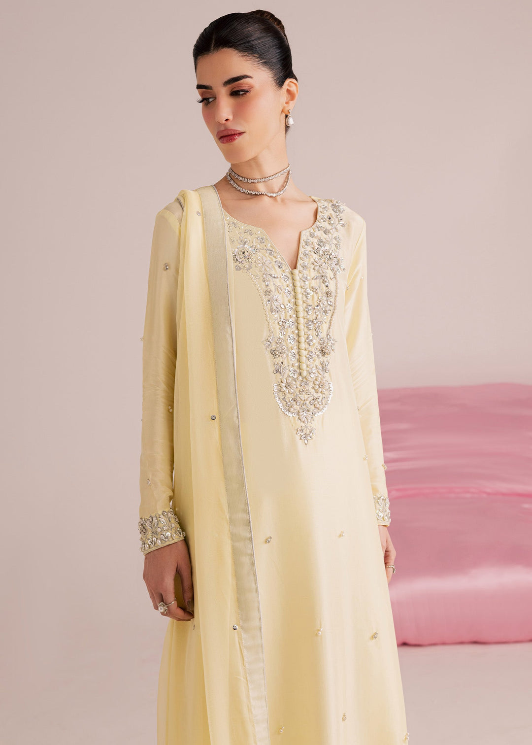 Allure By Ih - Lemonade Tussel Silk Suit For Women - Butter Yellow - 3 Piece