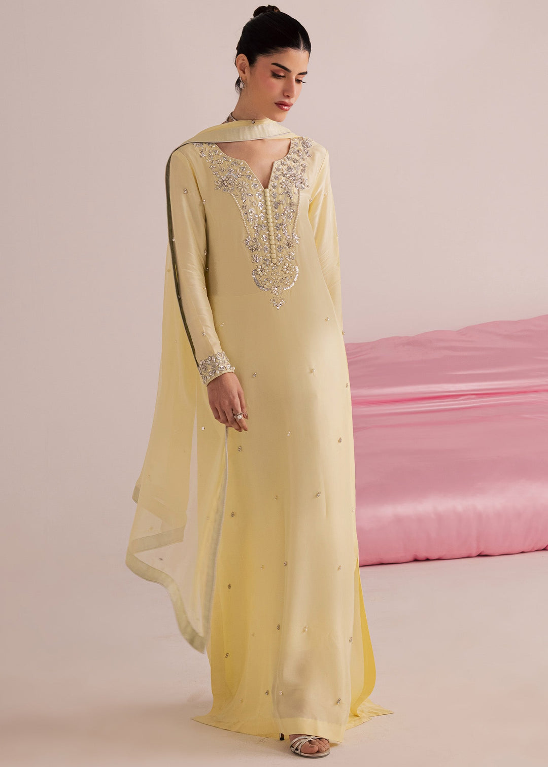 Allure By Ih - Lemonade Tussel Silk Suit For Women - Butter Yellow - 3 Piece