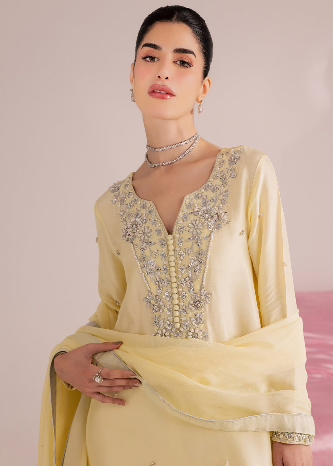 Allure By Ih - Lemonade Tussel Silk Suit For Women - Butter Yellow - 3 Piece