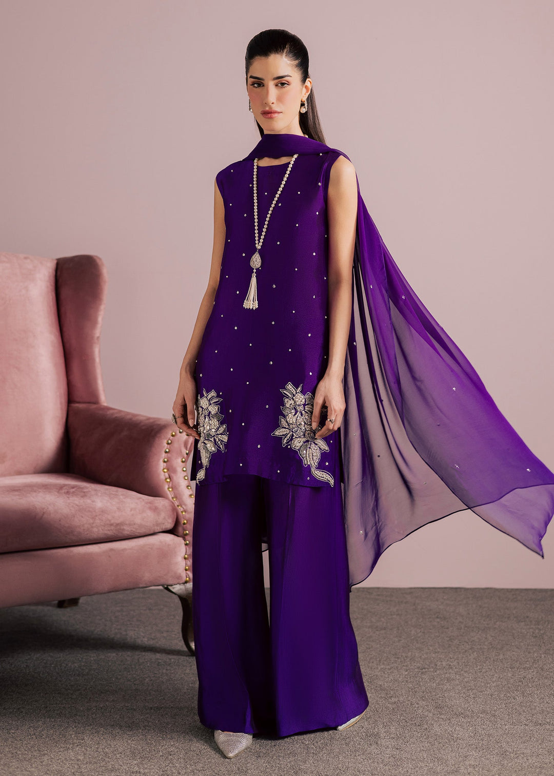 Allure By Ih - Luxe Tussel Silk Suit For Women - Purple - 3 Piece