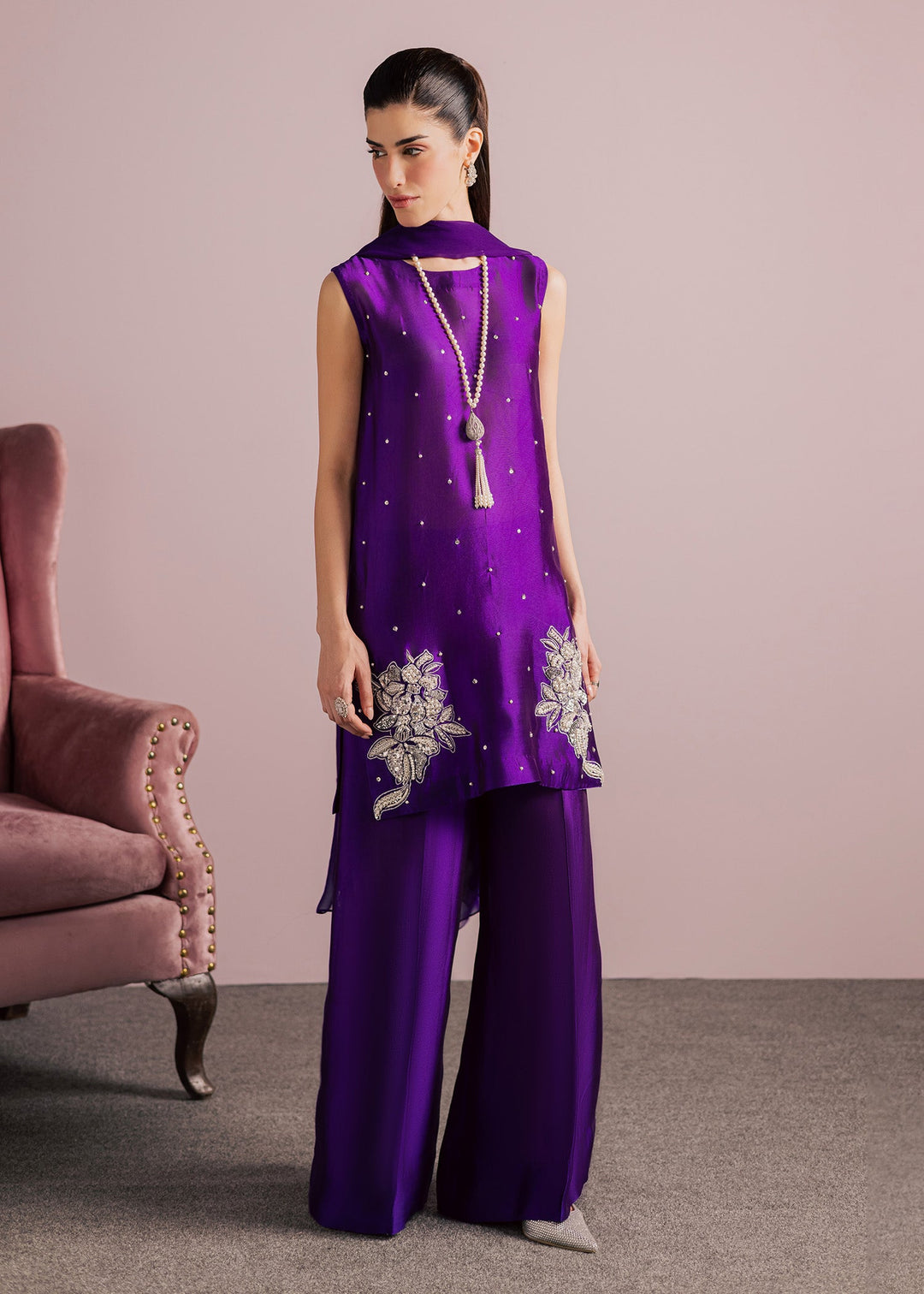 Allure By Ih - Luxe Tussel Silk Suit For Women - Purple - 3 Piece