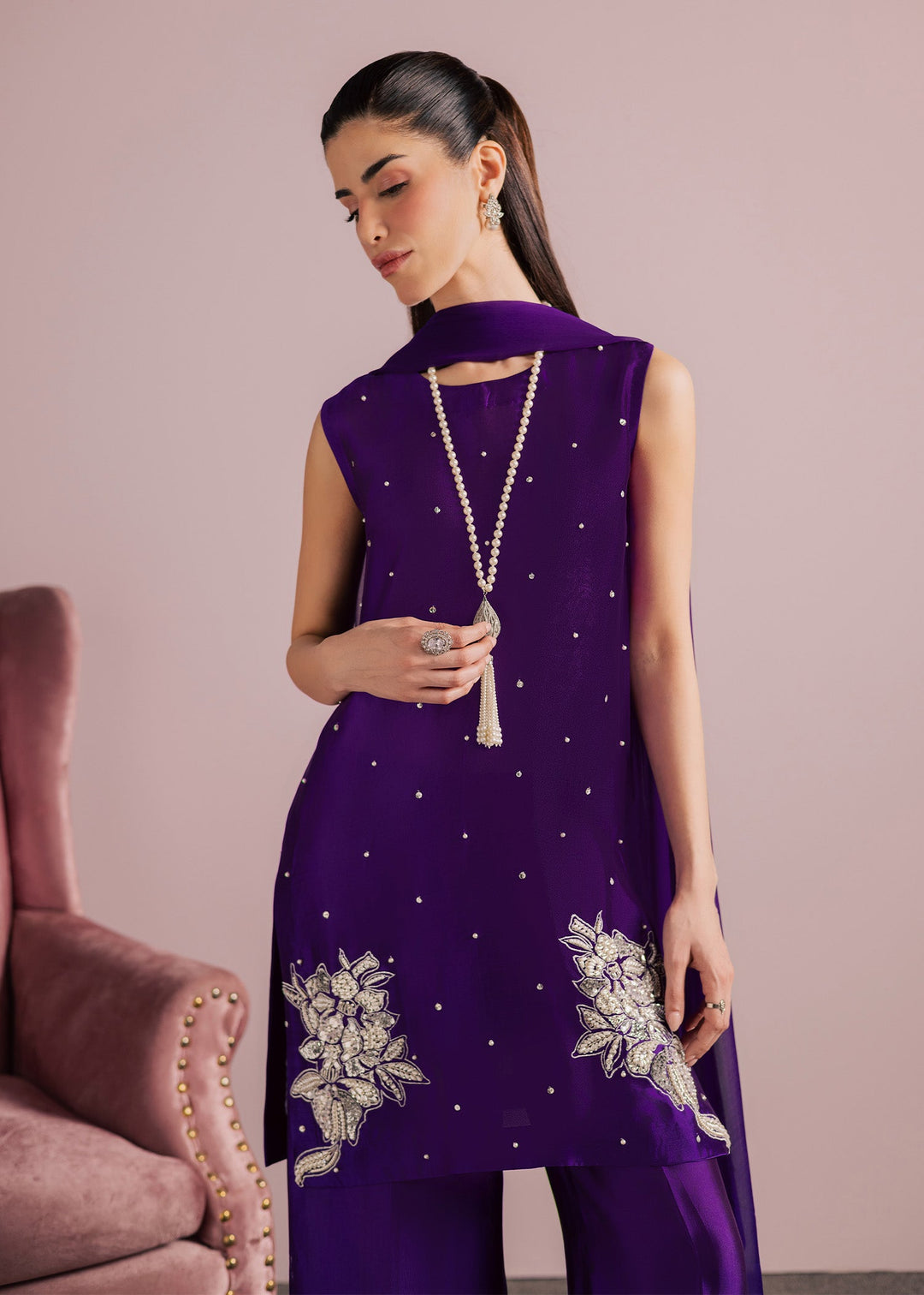 Allure By Ih - Luxe Tussel Silk Suit For Women - Purple - 3 Piece
