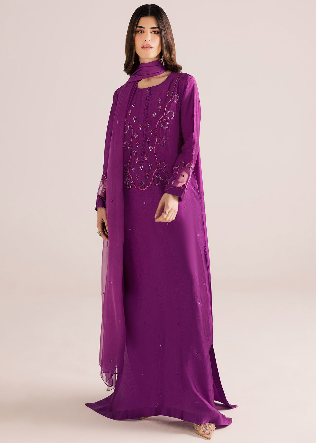 Allure By Ih - Moon Drop Tussel Silk Suit For Women - Purple - 3 Piece
