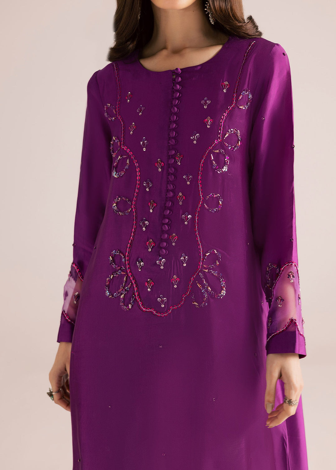 Allure By Ih - Moon Drop Tussel Silk Suit For Women - Purple - 3 Piece