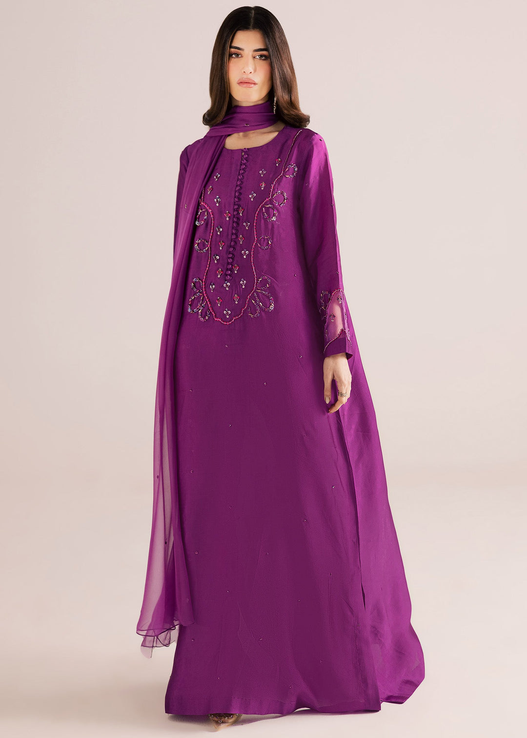 Allure By Ih - Moon Drop Tussel Silk Suit For Women - Purple - 3 Piece