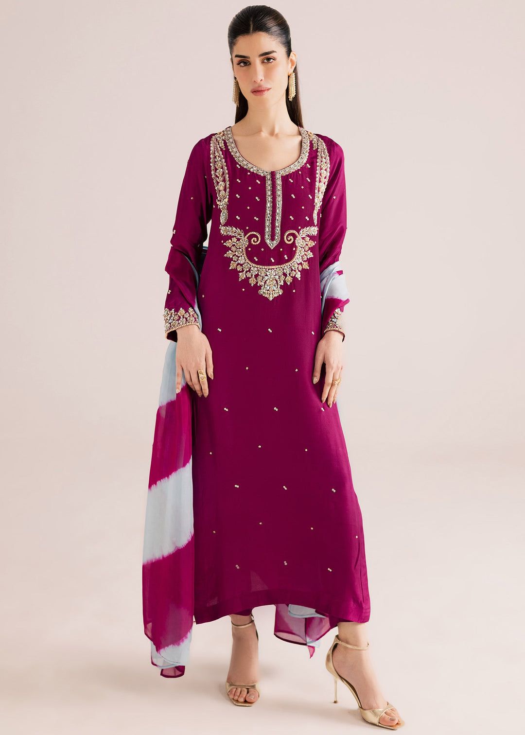 Allure By Ih - Nirvana Tussel Silk Suit For Women - Deep Magenta - 3 Piece