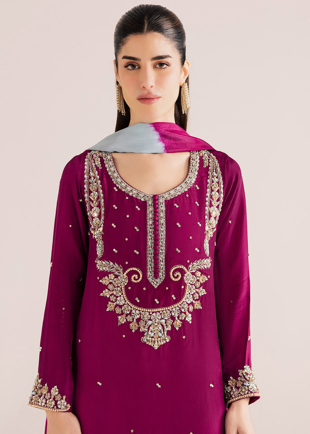 Allure By Ih - Nirvana Tussel Silk Suit For Women - Deep Magenta - 3 Piece