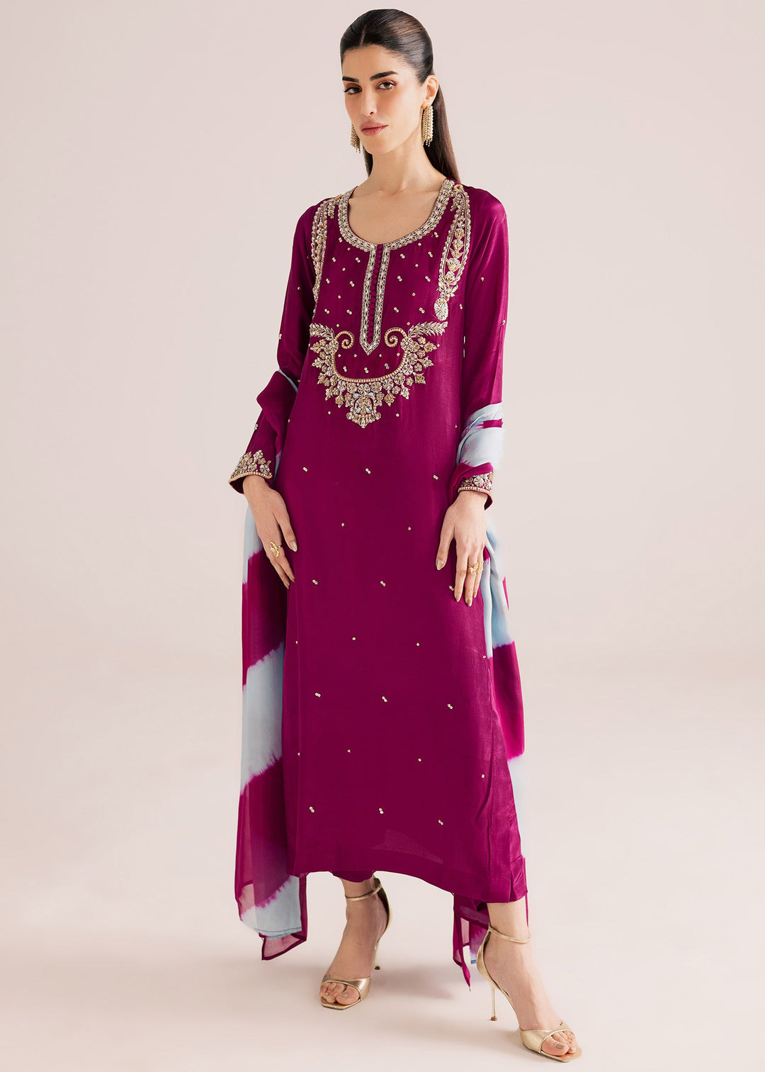 Allure By Ih - Nirvana Tussel Silk Suit For Women - Deep Magenta - 3 Piece