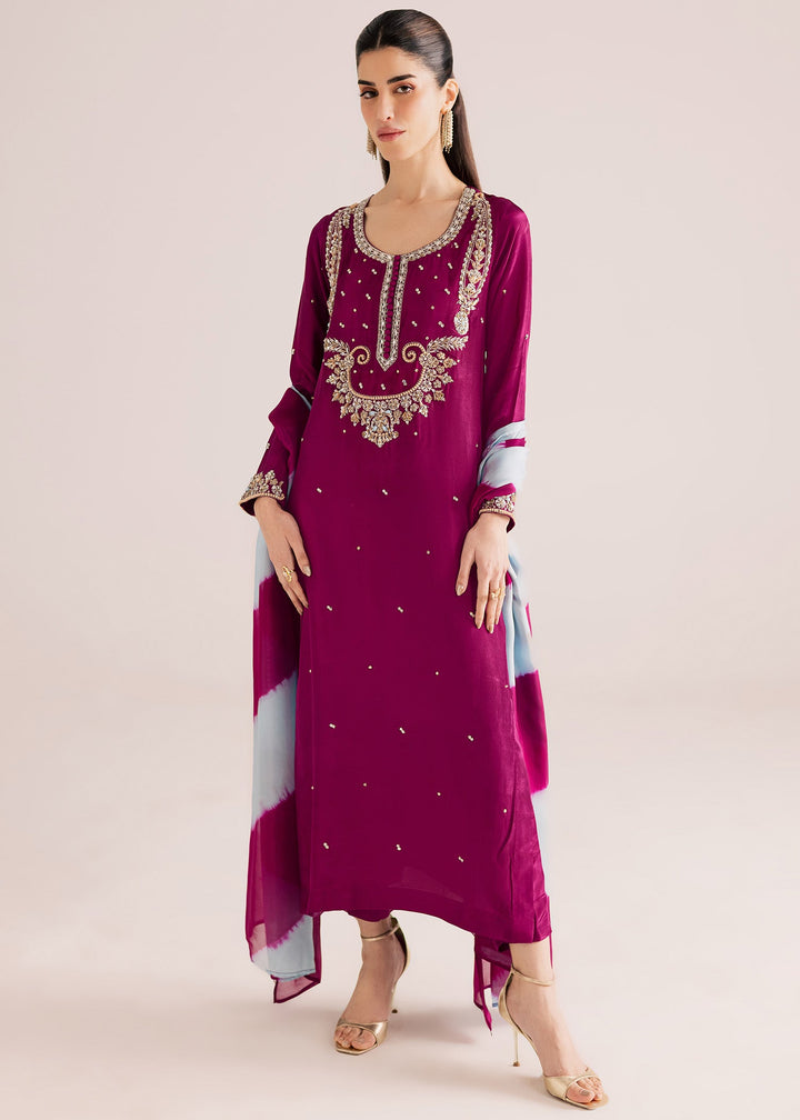 Allure By Ih - Nirvana Tussel Silk Suit For Women - Deep Magenta - 3 Piece