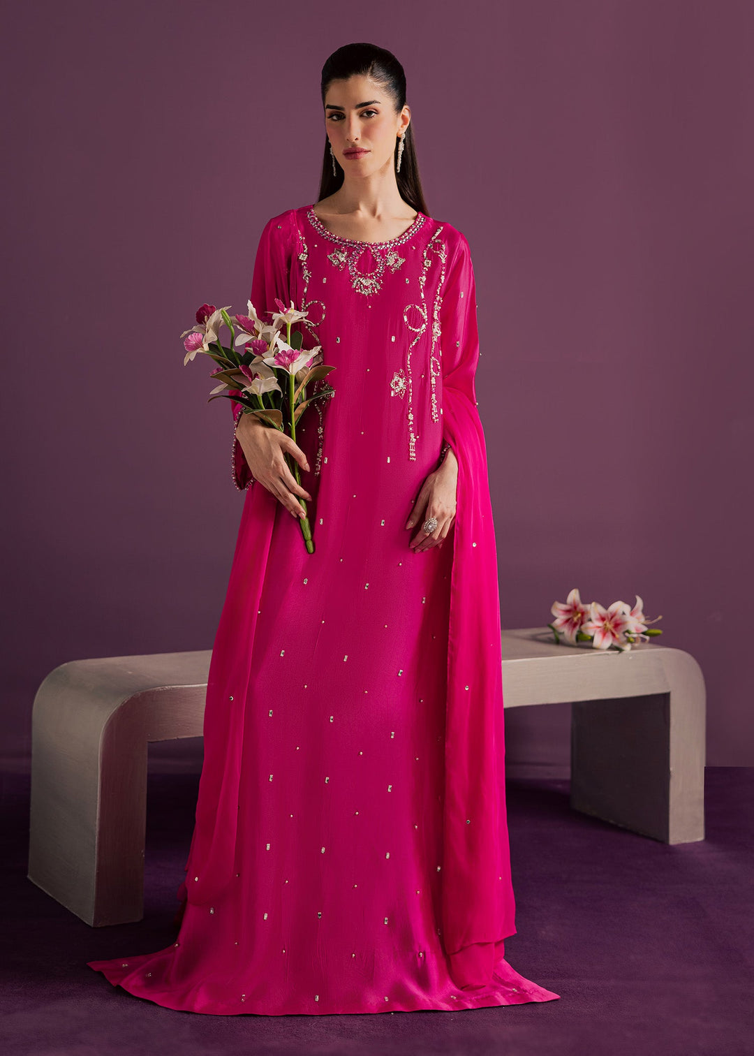 Allure By Ih - Orbit Tussel Silk Suit For Women - Hot Pink - 3 Piece