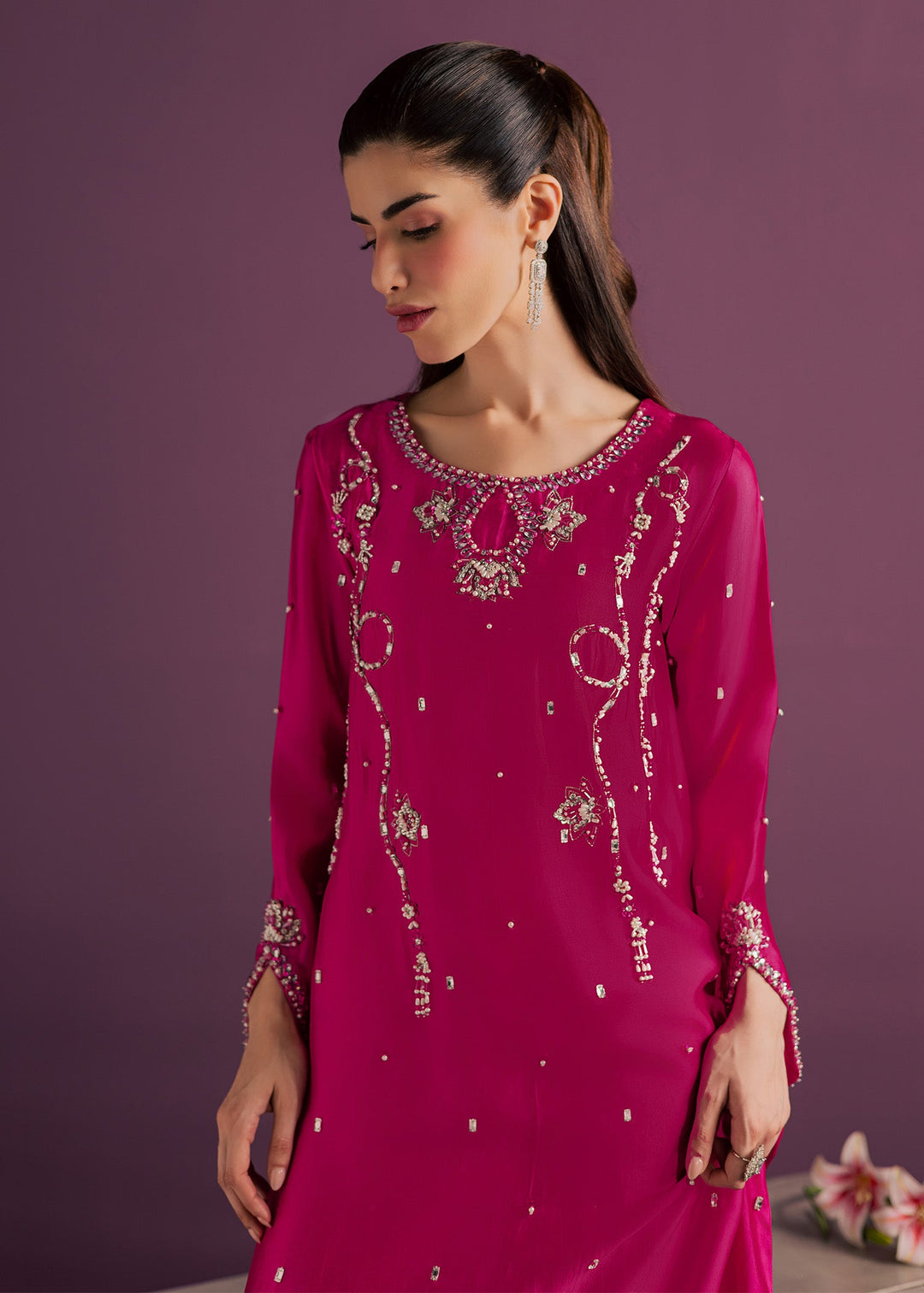 Allure By Ih - Orbit Tussel Silk Suit For Women - Hot Pink - 3 Piece
