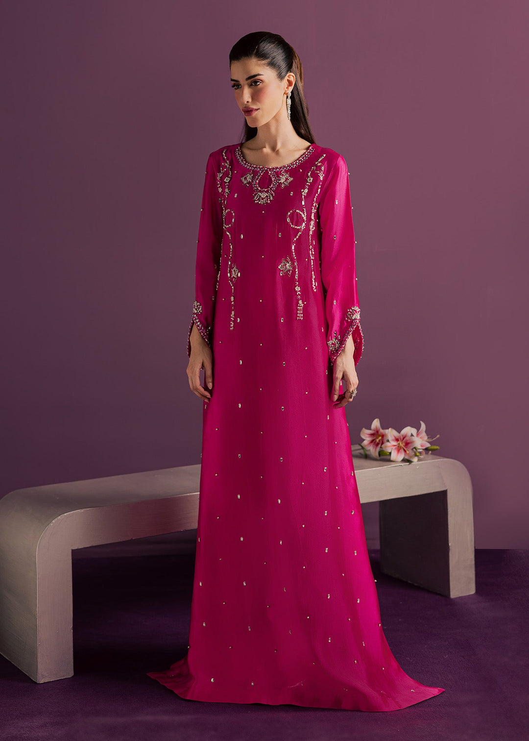 Allure By Ih - Orbit Tussel Silk Suit For Women - Hot Pink - 3 Piece