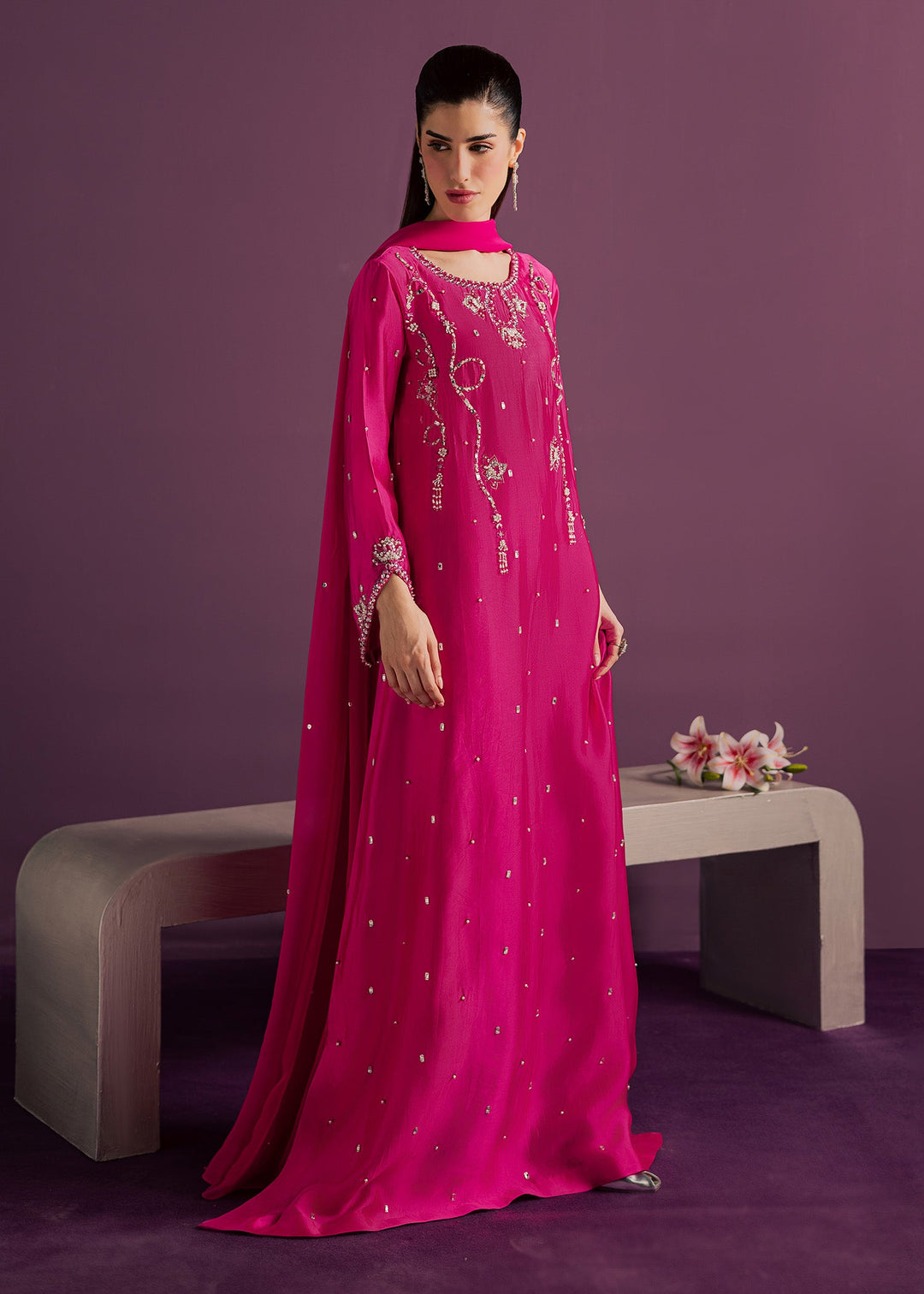 Allure By Ih - Orbit Tussel Silk Suit For Women - Hot Pink - 3 Piece