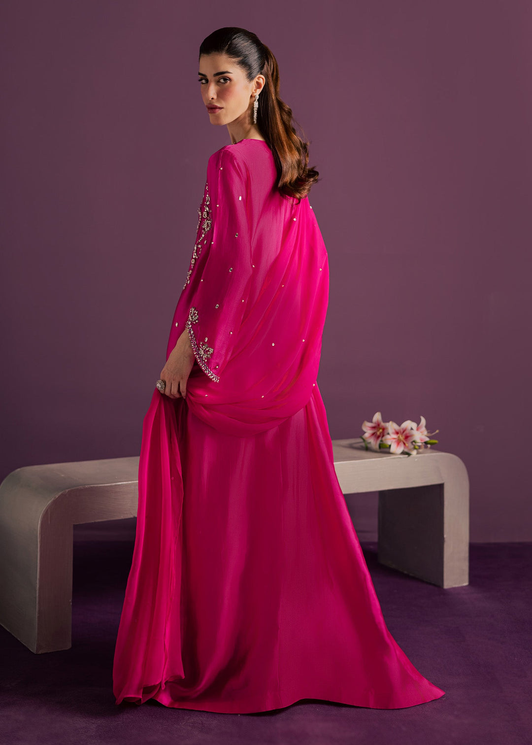 Allure By Ih - Orbit Tussel Silk Suit For Women - Hot Pink - 3 Piece