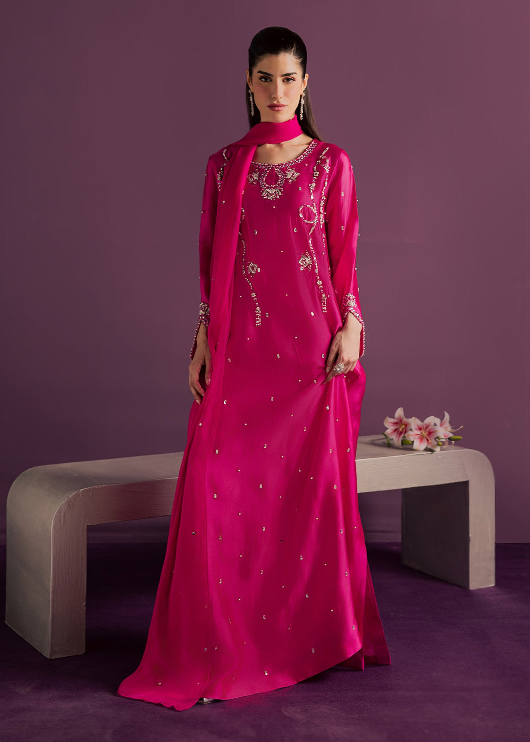 Allure By Ih - Orbit Tussel Silk Suit For Women - Hot Pink - 3 Piece