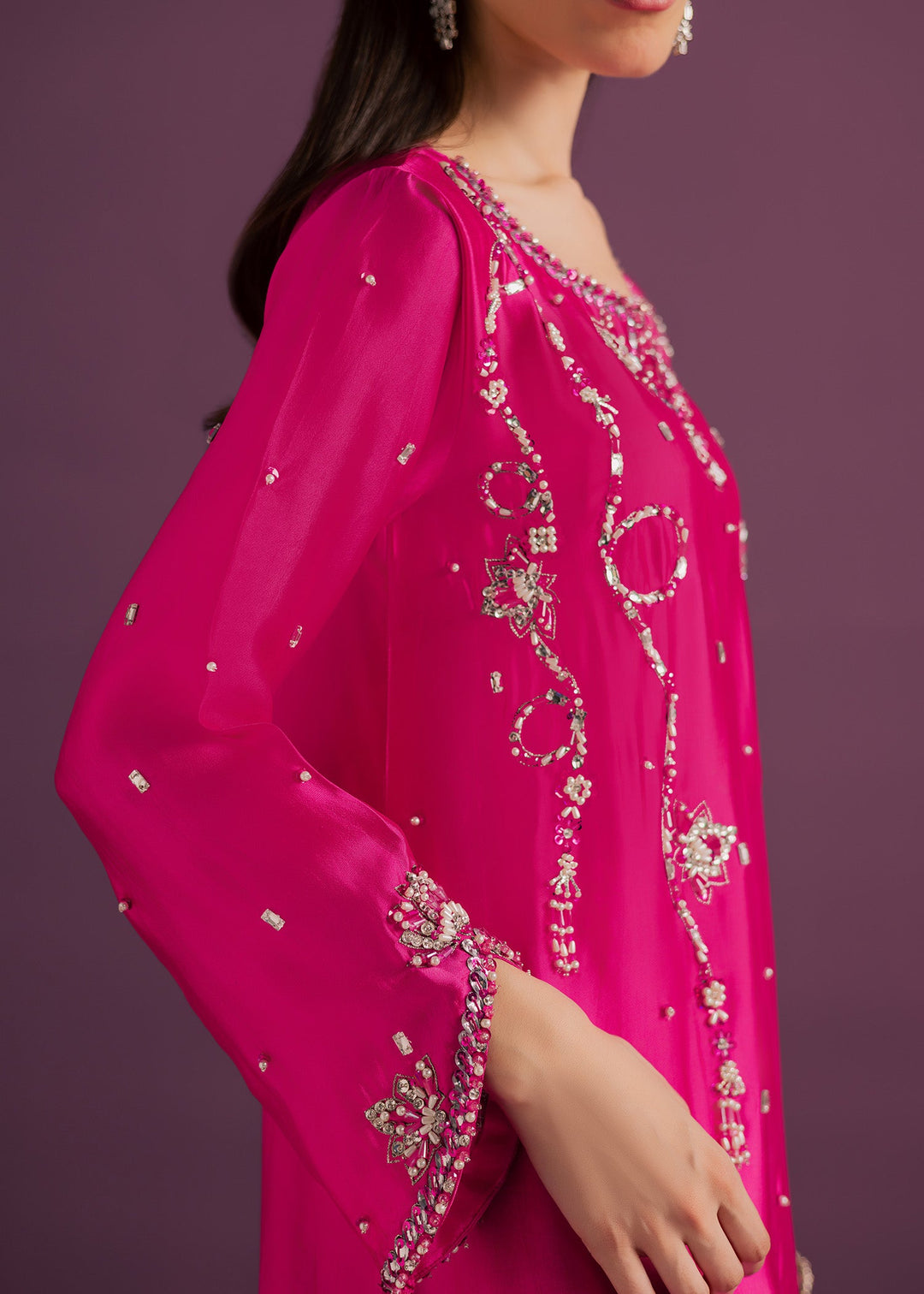 Allure By Ih - Orbit Tussel Silk Suit For Women - Hot Pink - 3 Piece