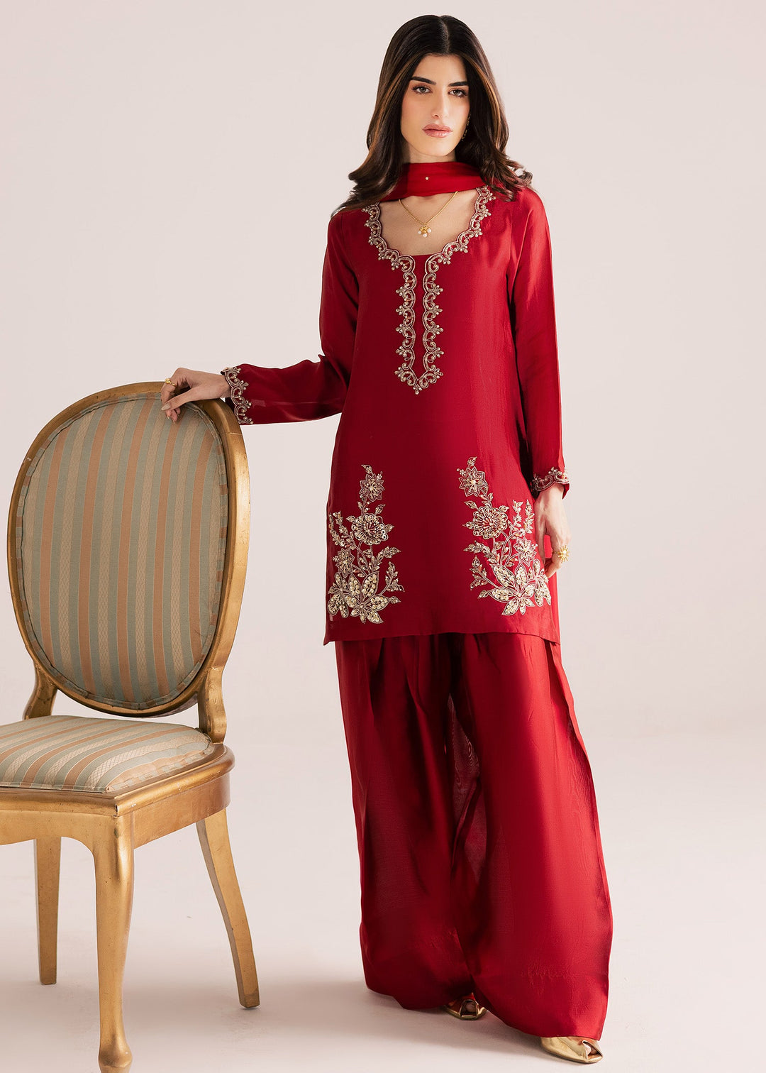 Allure By Ih - Rose Wood Tussel Silk Suit For Women - Bright Red - 3 Piece